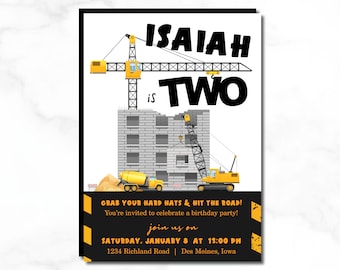 ISAIAH Construction TWO Birthday Invitation, Hard Hat 2nd Second Birthday Party