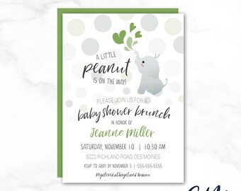 JEANNE A Little Peanut Is On The Way Elephant, Gender Neutral, Green Baby Shower Invitation