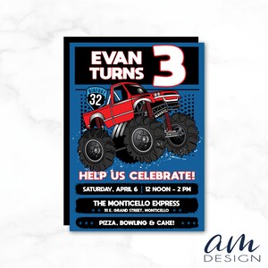 EVAN Customized Blue & Red Monster Truck Birthday Party Invitation