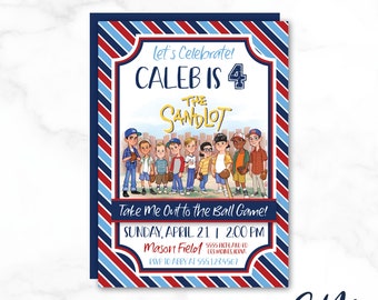 May include: A blue and red striped invitation with a baseball theme. The invitation says "Let's Celebrate! Caleb is 4 The Sandlot Take Me Out to the Ball Game! Sunday, April 21 | 2:00 PM Mason Field 5555 Ichland Ed Des Moines, Iowa RSVP to Abby at 555.123.4567"