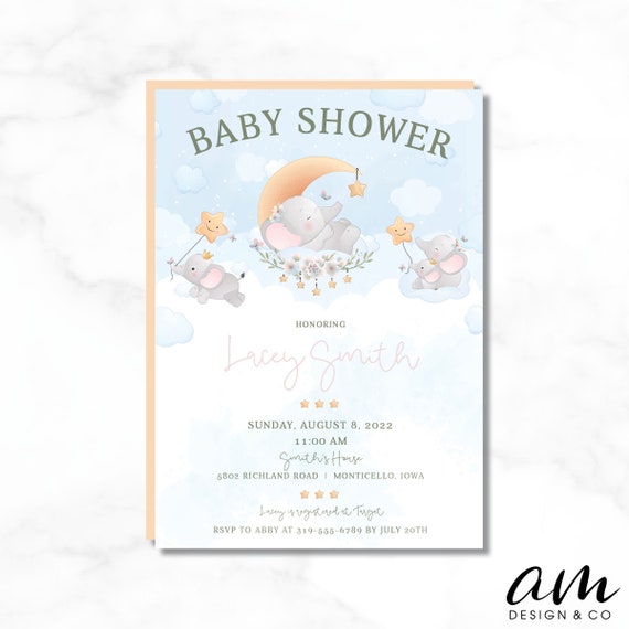 LACEY Gender Neutral Baby Shower Invitation, Baby Elephant and
