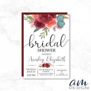AINSLEY Floral and Greenery, Burgundy Bridal Shower Invitation