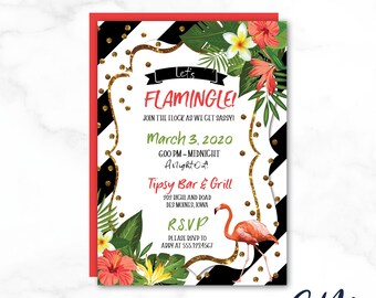 ALLY Black White Gold Floral Let's Flamingle Striped Tropical Bridal Bachelorette Invitation Customized Personalized