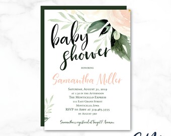 SAMANTHA Pastel Floral, Light Pink, Elegant Baby Shower Invitation