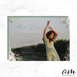 May include: A graduation invitation with a floral border and a photo of a young woman in a white dress. The text reads "Maci Rose, Monticello High School, Class of 2022, Celebration, Friday, May 21 | 5:30 pm - ??, SMITH HOME, 58303 Richland Road, Monticello, Iowa".