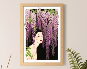 Wisteria wall art print, Japanese wisteria print, Japanese geisha art, Figurative art print, Flowers lover gift, Botanical flower print