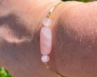 Rose Quartz Bolo Bead Bracelet, Handcrafted 3 Stone Adjustable Bracelet, Gemstone Jewelry Gift, Pink Valentine's Day Jewelry, Crystal Gifts