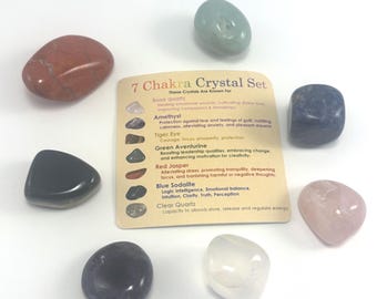7 Piece Chakra Stone Set, Healing Crystals, Gemstone Starter Kit, Rose Quarts, Amethyst, Tigers Eye, Aventurine, Jasper, Blue Sodalite