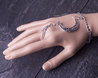 Zilveren Halve Maan Armband Ring Keten Bruids sieraden sieraden sieraden bruid bruiloft festival Wicca Pagan Witch Samhain Kerstmis