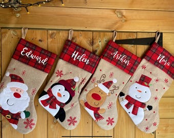 Personalised Christmas Stocking - Personalised stocking - christmas stocking - santa snowman Christmas Eve - tartan - reindeer Penguin Xmas