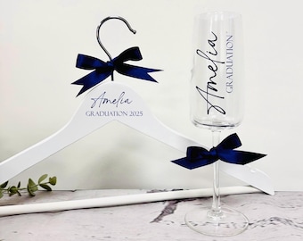 Personalised coat hanger champagne flute - graduation glass & hanger  graduation gift bag - graduation coat hanger flute gift for graduation