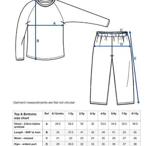 May include: Size chart for tops and bottoms with measurements in inches for chest, length, waist, hips, and outside leg. The chart includes sizes from 6/12 months to 9/10 years.