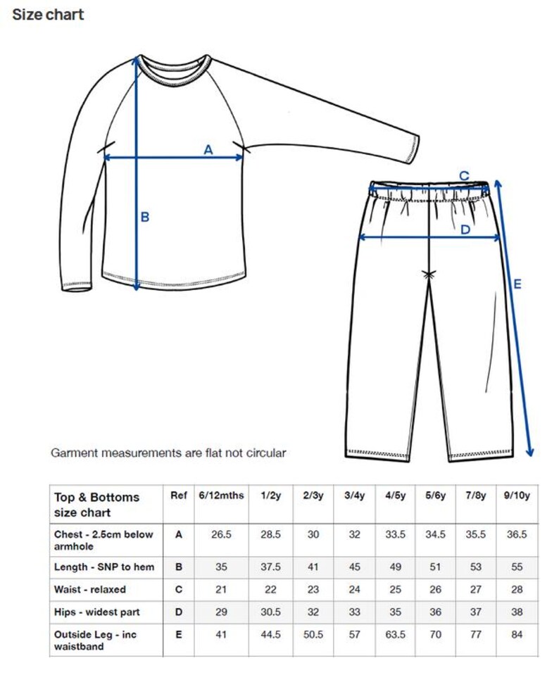 May include: Size chart for tops and bottoms with measurements in inches for chest, length, waist, hips, and outside leg. The chart includes sizes from 6/12 months to 9/10 years.