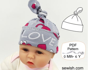 Baby Hat Sewing Patterns, Top-Knot Baby Hat Sewing Pattern, PDF sewing patterns, Instant Download Sewing Pattern pdf Sizes NEWBORN - 6 YEARS
