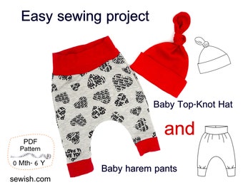 Baby Harem Pants Sewing Patterns, Baby Hat Sewing Pattern, PDF Sewing Patterns for Boy and for Girl, Sewing Pattern pdf Sizes 0Month-6 YEARS