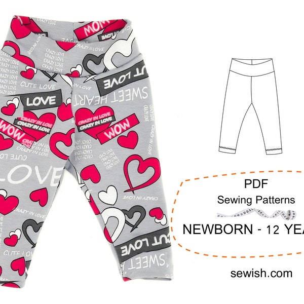 Leggings Baby Schnittmuster, PDF Schnittmuster für Mädchen, Schnittmuster für Jungen, Download Schnittmuster pdf Grössen NEUBORN – 12 JAHRE