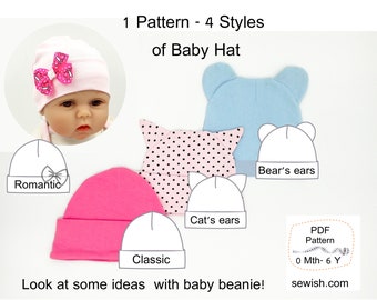 Patrons de couture bonnet pour bébé, bonnet bébé facile à suivre 4 styles, patron de couture PDF à téléchargement immédiat pour nouveau-né - 6 ans