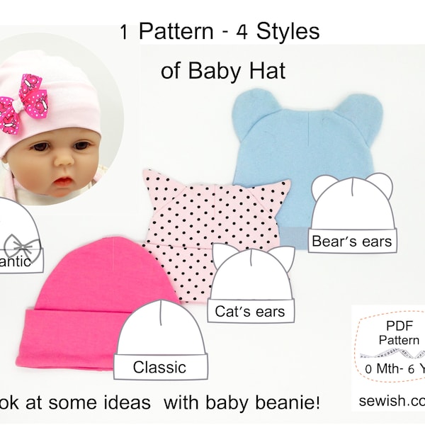 Patrons de couture bonnet pour bébé, bonnet bébé facile à suivre 4 styles, patron de couture PDF à téléchargement immédiat pour nouveau-né - 6 ans
