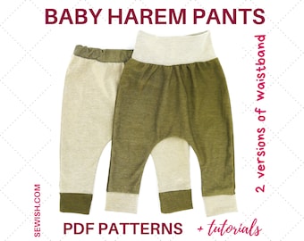 May include: Two pairs of baby harem pants, one in a light green color and one in a light beige color. The pants have a gathered waist and a cuffed leg. The text "BABY HAREM PANTS" is at the top of the image. The text "PDF PATTERNS + tutorials" is at the bottom of the image. The text "2 versions of waistband" is on the right side of the image.