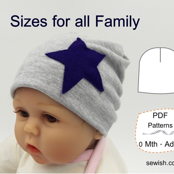 Slouchy Beanie Hat Sewing Patterns, PDF sewing pattern, Patterns for Boy and Girl,  Slouchy Hat Beanie For All Family, Sizes NEWBORN - ADULT