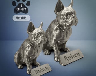 May include: Two metallic silver French bulldog statues, one large and one small, each with a nameplate that reads "Ruben." The image also includes text that says "6 Colours" and "Metallic."