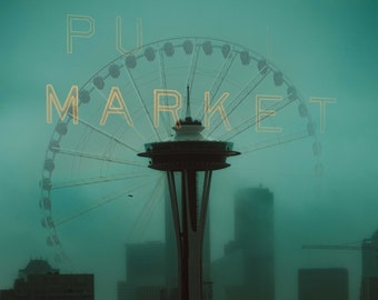 Seattle Space Needle Washington Poster Photo Print / Pike Place Market / Great Wheel / Cinematic Seattle Photo / Movie Poster / Seattle Art