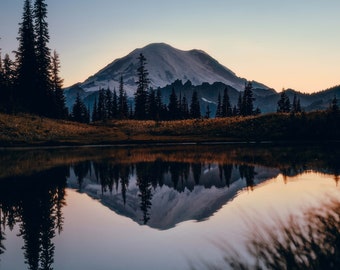 Mt Rainier Photography Print / Moon Above / Mt Rainier Reflection / Landscape Photography / Washington State / Mother&#39;s Day / Photo Print