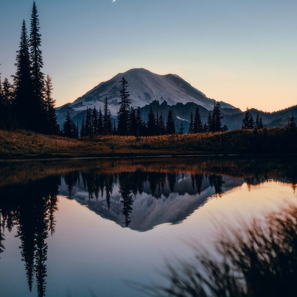 Mt Rainier Photography Print / Moon Above / Mt Rainier Reflection / Landscape Photography / Washington State / Mother's Day / Photo Print