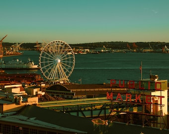 Seattle Pike Place Market Photography Print / Seattle Great Wheel / Seattle Ferry / Seattle Downtown / Seattle Art / Seattle Print / City