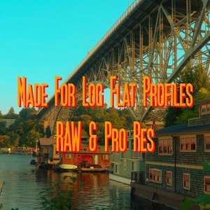 May include: A view of a bridge over a waterway with houses on the water. The text "MADE FOR LOG FLAT PROFILES RAW & PRO RES" is superimposed on the image.