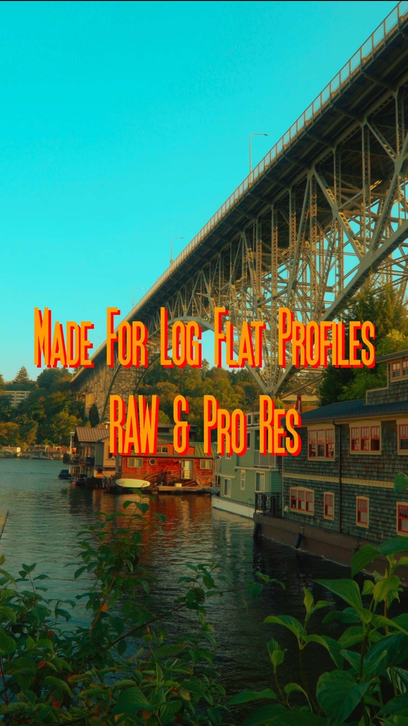 May include: A view of a bridge over a waterway with houses on the water. The text "MADE FOR LOG FLAT PROFILES RAW & PRO RES" is superimposed on the image.