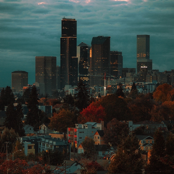 Seattle Downtown Cityscape Autumn Fall Photography Print / Seattle Photo / Seattle Art / Seattle Photography / Sunset / PNW / Seattle Print