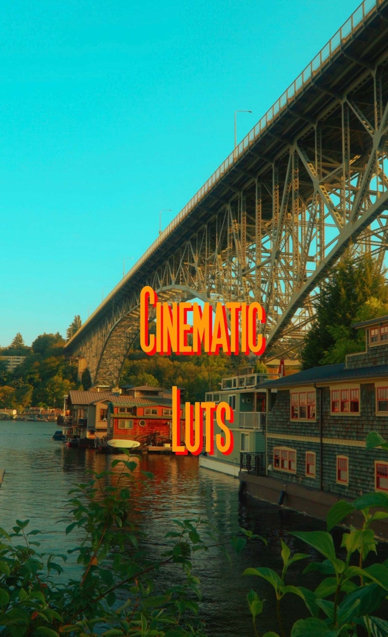 May include: A scenic view of a bridge over a waterway with houses on stilts in the foreground. The text "CINEMATIC LUTS" is superimposed on the image.