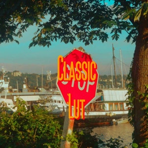 May include: A red stop sign with the words "CLASSIC LUT" written in orange letters. The sign is mounted on a white pole and is partially obscured by green foliage.