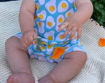 Fried Egg Sky Blue Baby Romper Button Diaper Access Handmade Sizes Preemie - 9 months