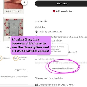 Puede incluir: Una interfaz de p&aacute;gina de producto de Etsy digital que muestra una muestra de color rojo polvoriento, una miniatura de producto con un patr&oacute;n de cinta roja y botones interactivos como A&ntilde;adir al carrito y M&aacute;s informaci&oacute;n.