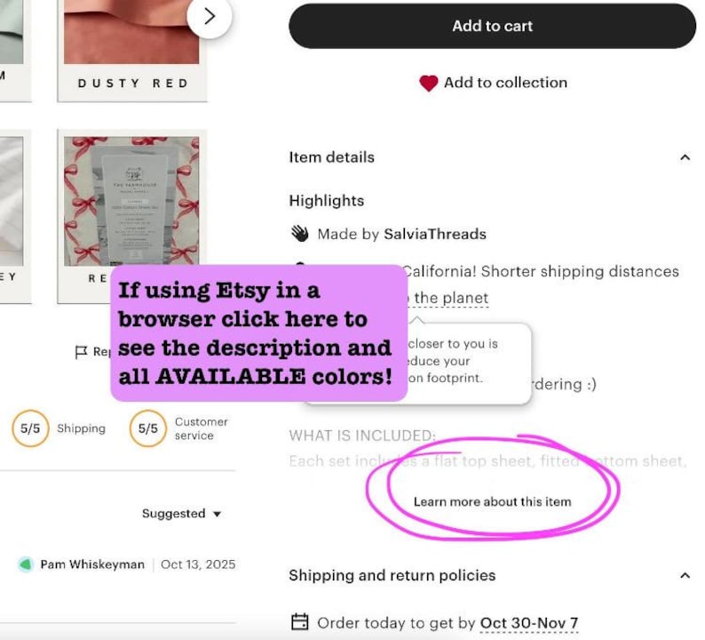 Puede incluir: Una interfaz de p&aacute;gina de producto de Etsy digital que muestra una muestra de color rojo polvoriento, una miniatura de producto con un patr&oacute;n de cinta roja y botones interactivos como A&ntilde;adir al carrito y M&aacute;s informaci&oacute;n.