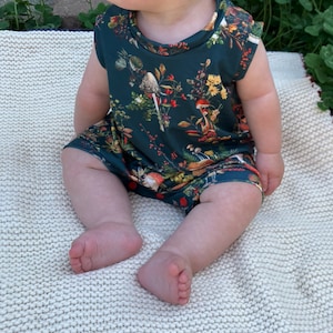 ORGANIC COTTON Mushroom and Floral Baby Romper Button Diaper Access Handmade Sizes Preemie - 12 months