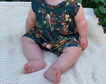 ORGANIC COTTON Mushroom and Floral Baby Romper Button Diaper Access Handmade Sizes Preemie - 12 months