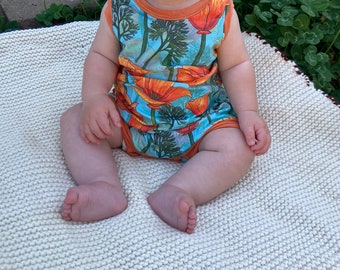 ORGANIC COTTON California Poppies Sky Blue Baby Romper Button Diaper Access Handmade Sizes Preemie - 12 months
