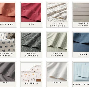 Puede incluir: Una colecci&oacute;n de doce muestras de tela con varios colores y patrones, incluyendo rojo polvoriento, rojo, ramas peque&ntilde;as, rayas de pasas, franela de cardo azul, flores de oliva, rayas verdes, azul marino, gris, animales, blanco y azul claro.