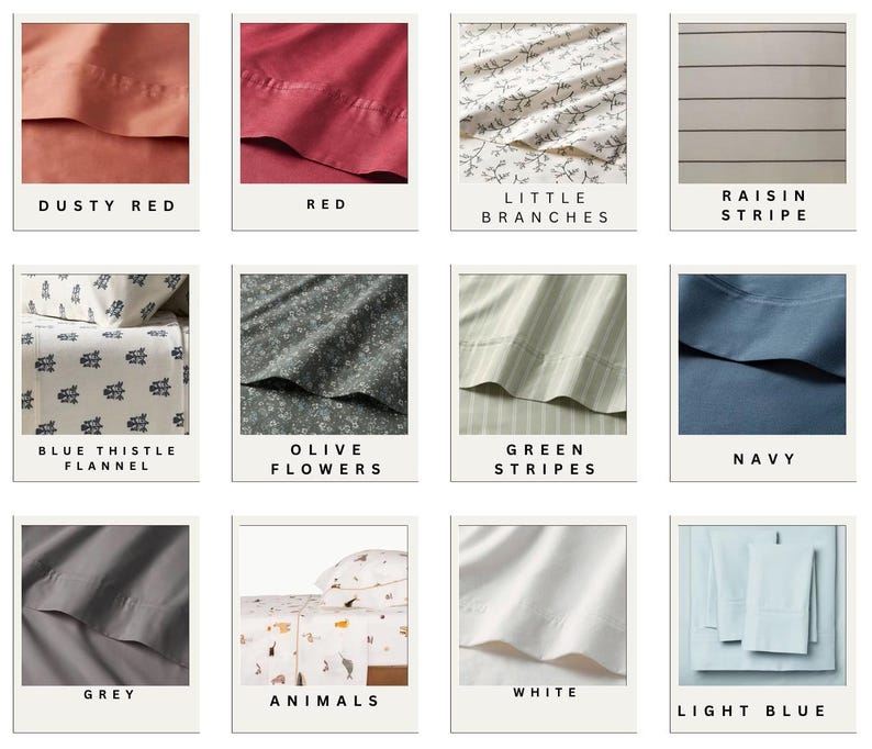 Puede incluir: Una colecci&oacute;n de doce muestras de tela con varios colores y patrones, incluyendo rojo polvoriento, rojo, ramas peque&ntilde;as, rayas de pasas, franela de cardo azul, flores de oliva, rayas verdes, azul marino, gris, animales, blanco y azul claro.