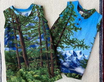 100% Cotton Redwood Forest Mountain Nature Hiking Romper Button Diaper Access Handmade Sizes Preemie - 12 months