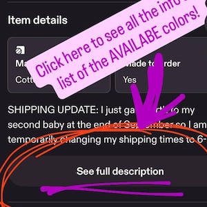 Puede incluir: Una pantalla de interfaz digital que muestra detalles del art&iacute;culo, actualizaciones de env&iacute;o y pol&iacute;ticas. La pantalla presenta texto que incluye See all reviews, Item details, Made to order, Cotton, Yes, Shipping update, See full description.