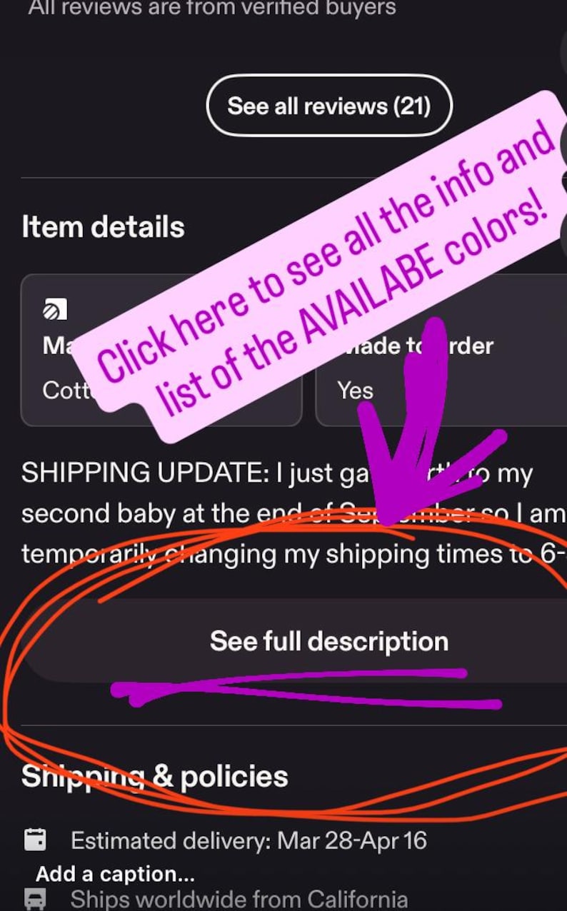 Puede incluir: Una pantalla de interfaz digital que muestra detalles del art&iacute;culo, actualizaciones de env&iacute;o y pol&iacute;ticas. La pantalla presenta texto que incluye See all reviews, Item details, Made to order, Cotton, Yes, Shipping update, See full description.