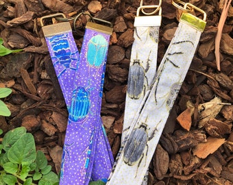 Handmade BEETLE INSECT Wristlet Keychain Landyards Purple and Brown Gold