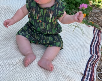 ORGANIC COTTON Green Fern Baby Romper Button Diaper Access Handmade Sizes Preemie - 9 months