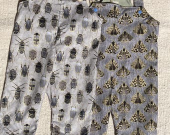 Handmade 100% Cotton Overalls in Size 12-18 Months Golden Grey Beetles and Moths