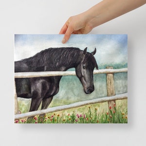 Black Horse with Flowers at Fence Painting Poster Print from Original Watercolor by Connie Owens Dark Horse Beauty Picture