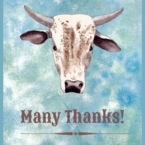 Danke-Karte Stier oder Kuhkopf Western Cowboy Art Design Digital Download, Land oder Bauernhof Thema